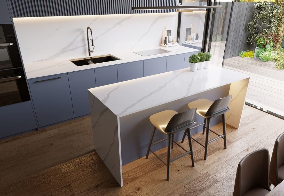 Arabescato Arabescato waterfall island and backsplash