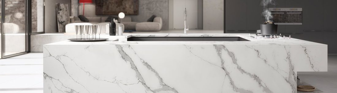 Unique Calacatta Unique Calacatta kitchen island with waterfall end