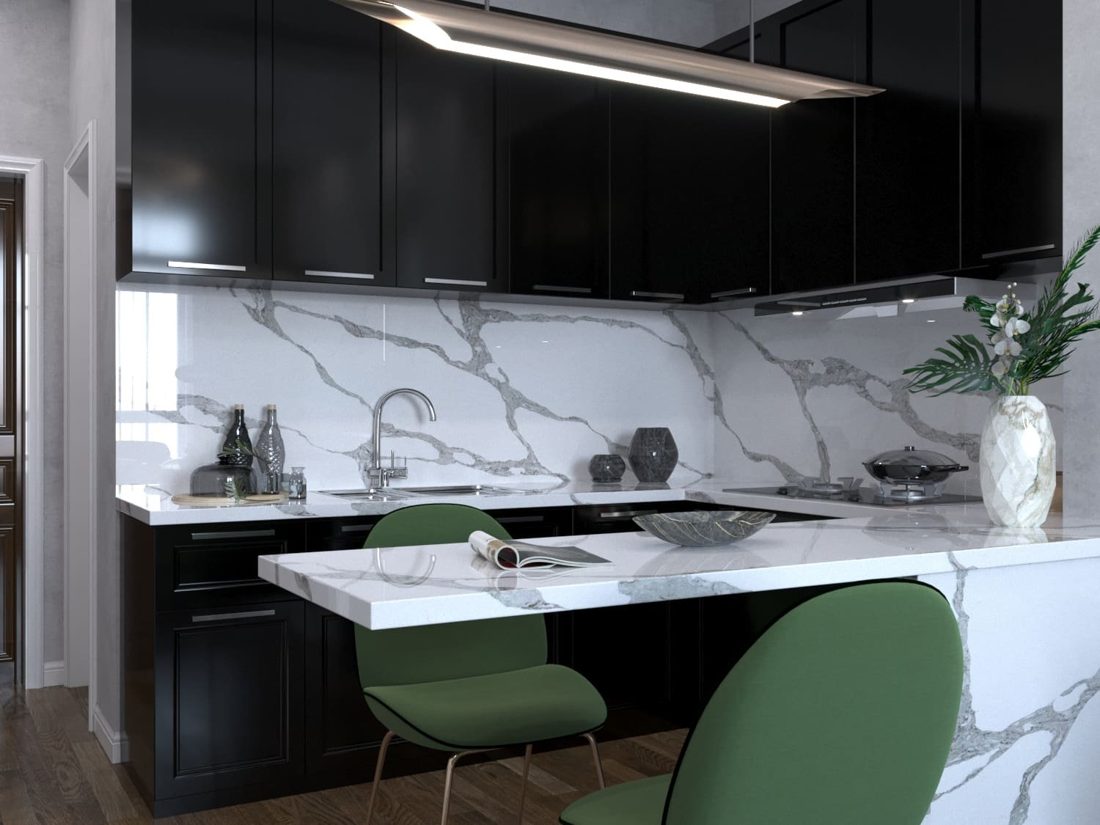 Venato Venato backsplash and dining bar