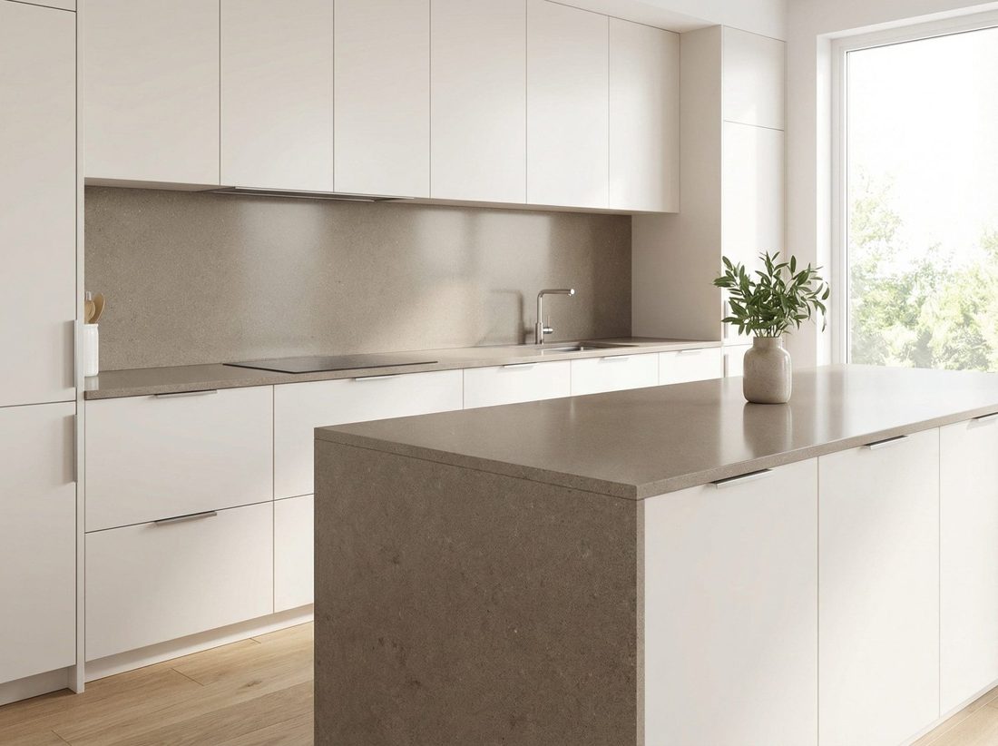 Taupe Taupe waterfall island and backsplash