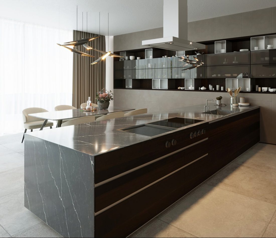 Cemento Cemento waterfall kitchen island