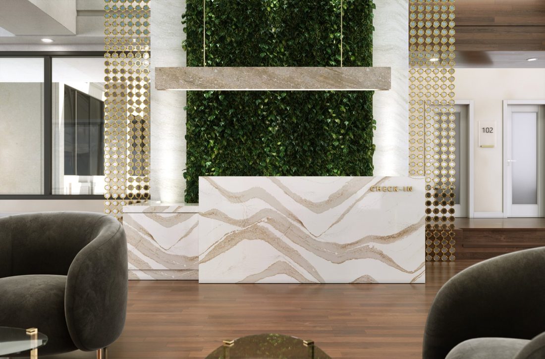 Cambria Brittanicca Gold Cool In a room setting
