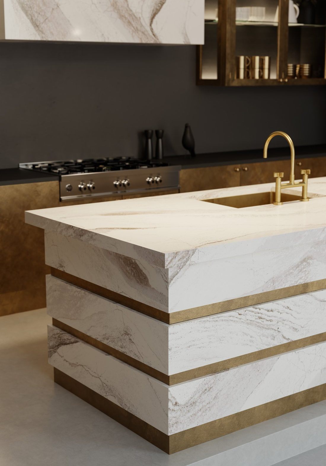 Cambria Windsor Brass Satin Ridge In a room setting