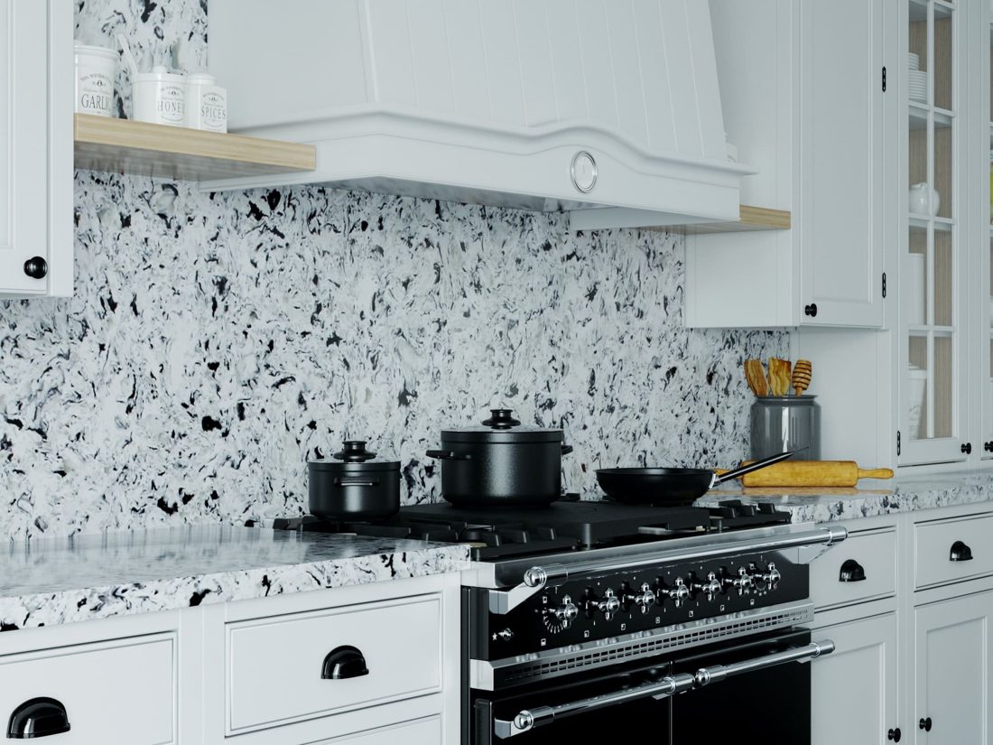 Pompeii Quartz Alaska Black In a room setting