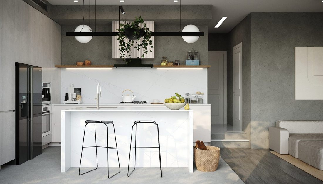 Pompeii Quartz Blanc Noir In a room setting