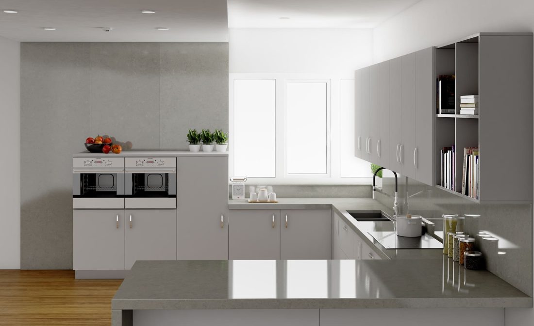 Pompeii Quartz Grey Emperador In a room setting