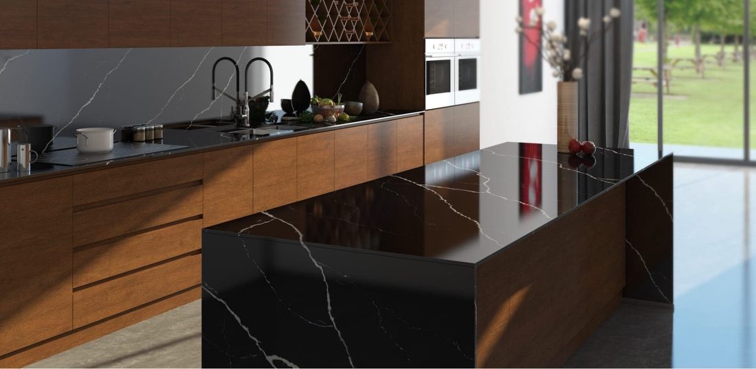 Pompeii Quartz Nero Marquina In a room setting