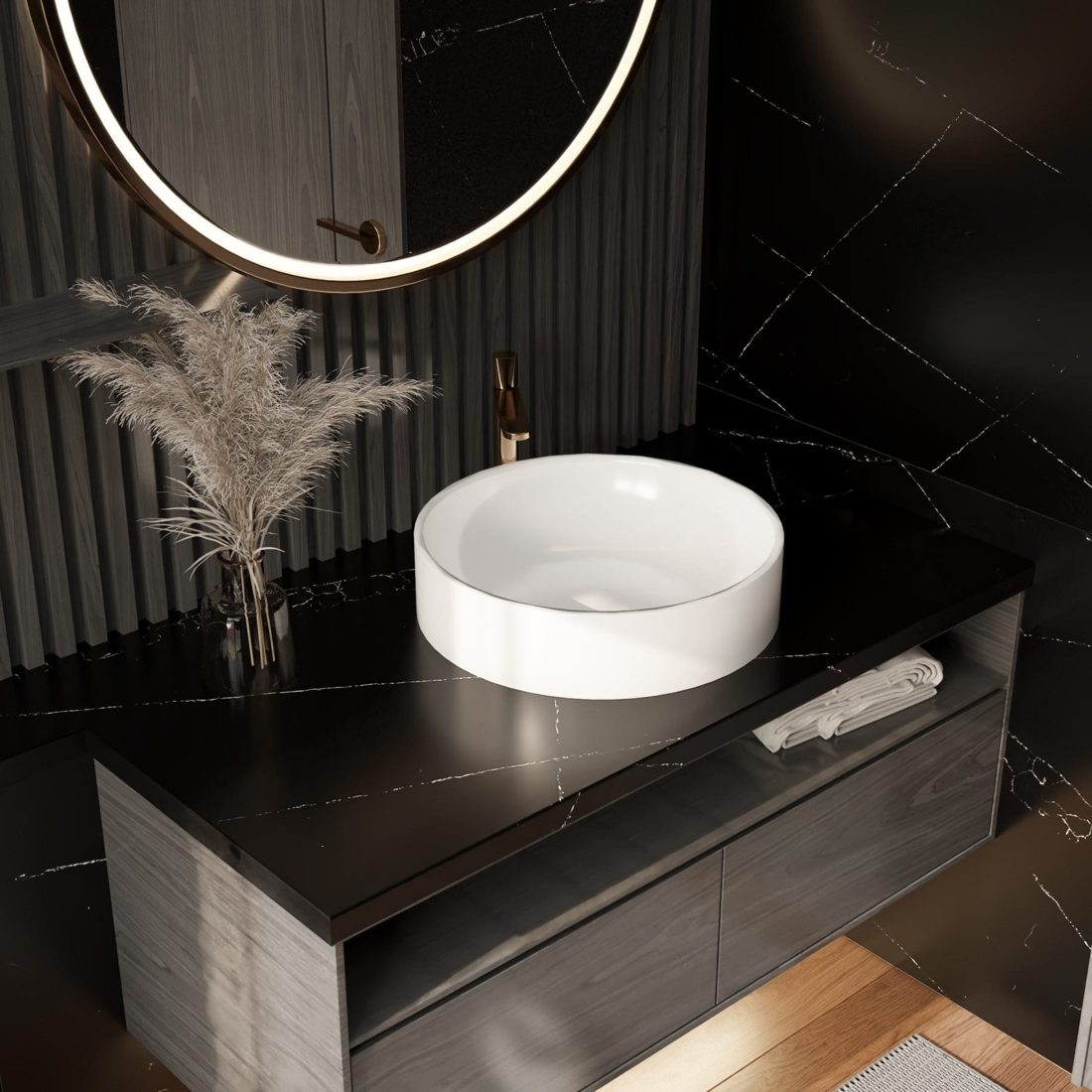 Pompeii Quartz Nero Noir In a room setting