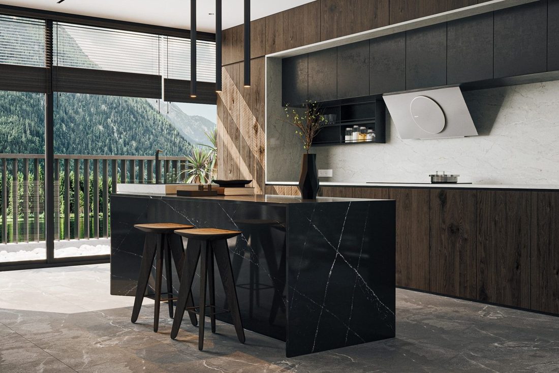 Pompeii Quartz Nero Noir In a room setting