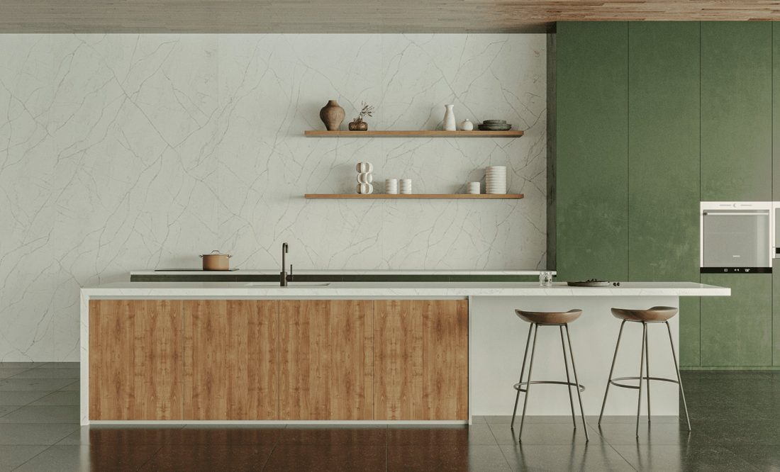 Pompeii Quartz Ocean Shore In a room setting