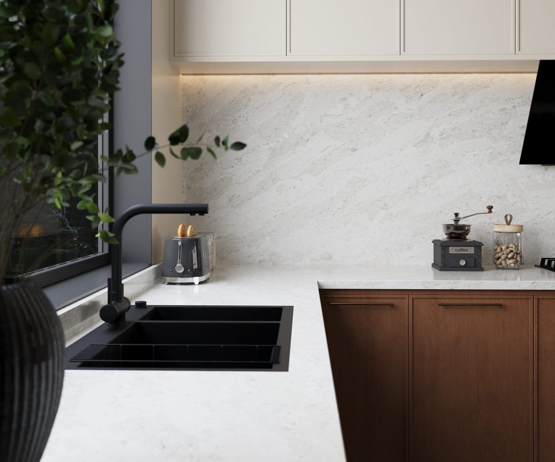 Pompeii Quartz Perla In a room setting