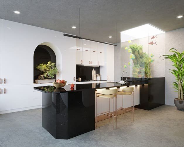 Pompeii Quartz Sparkle Black In a room setting