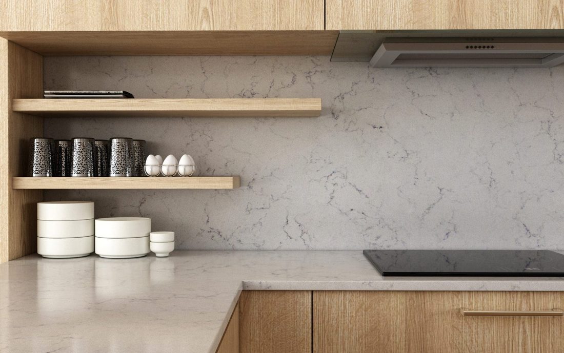 Pompeii Quartz Valley White In a room setting