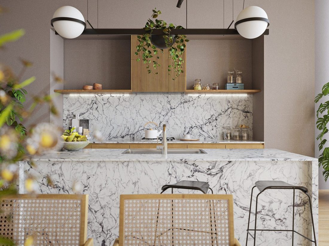 Pompeii Quartz White Fusion In a room setting