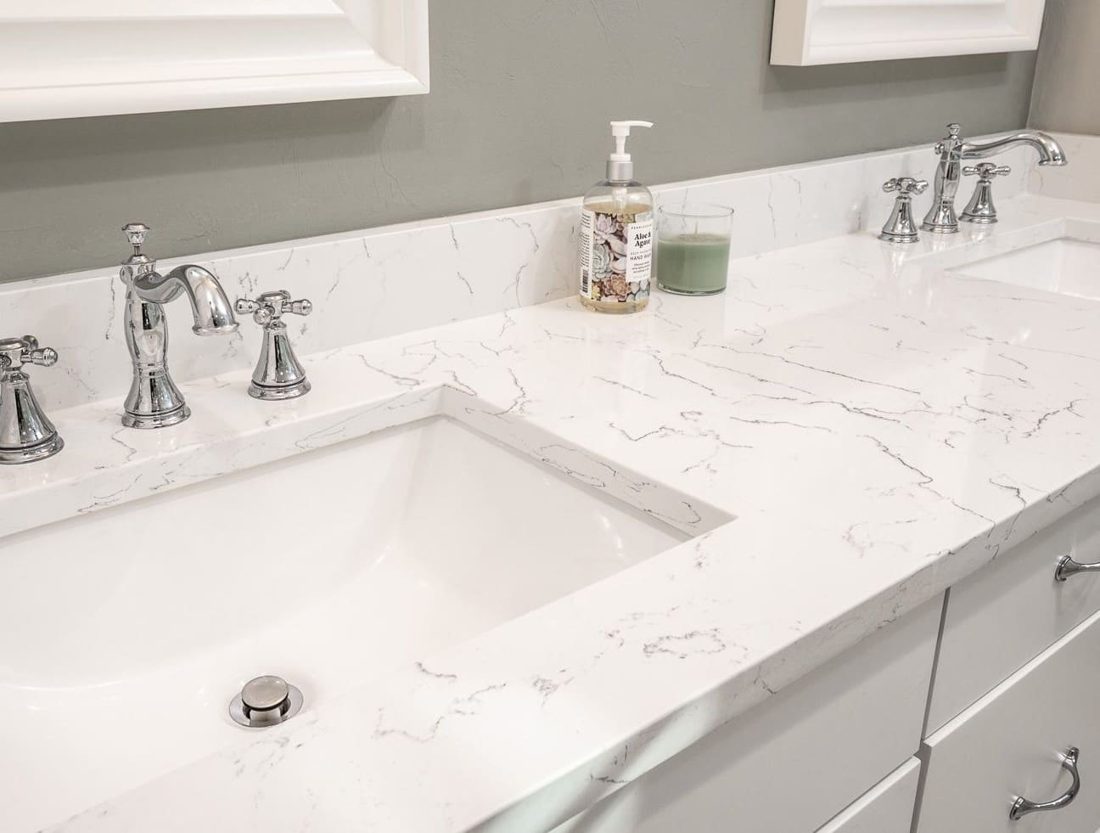 Pompeii Quartz White Lightning In a room setting