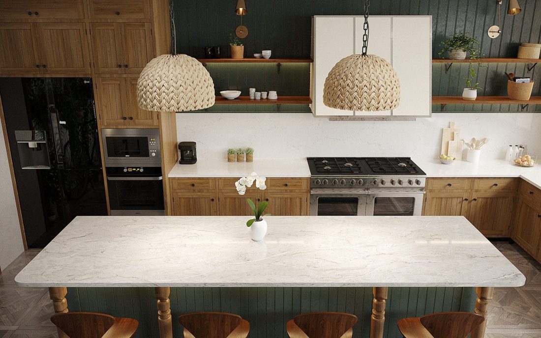 Pompeii Quartz Coastal In a room setting